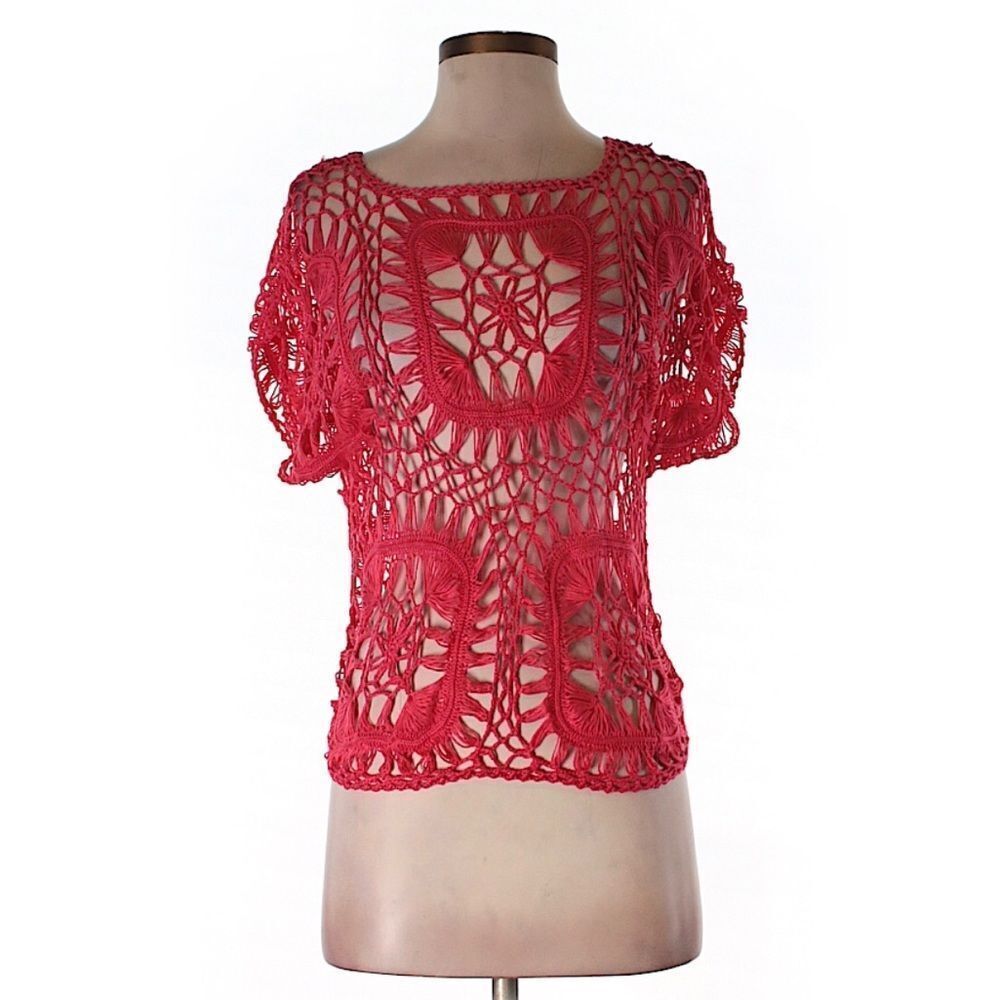 🔃Red Bohemian Crochet Short Sleeve Top